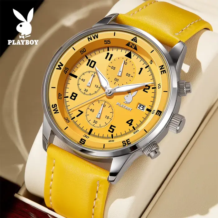 Montre PLAYBOY à Quartz Luxe Homme Bracelet Cuir Décontracté Chronographe Sport Occasions Spéciales
