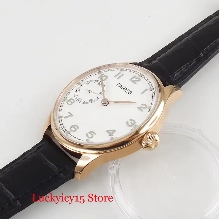 Montre-bracelet Parnis or rose à remontage manuel avec cadran blanc pour homme occasions spéciales et cadeaux élégants