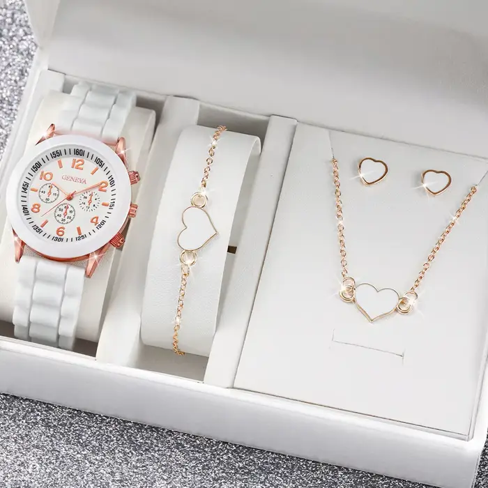 4 pièces/ensemble genève montre mode bracelet en Silicone femmes montres à Quartz coeur ensemble de bijoux (sans boîte)