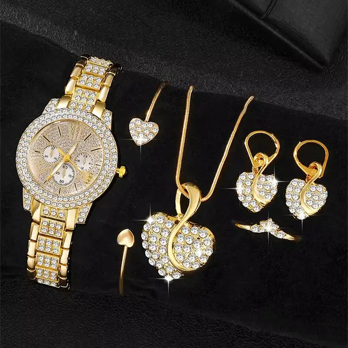 Montre à Quartz Dorée de Luxe pour Femme, Ensemble de Bijoux, Bague, Collier, Boucles d'Oreilles, St