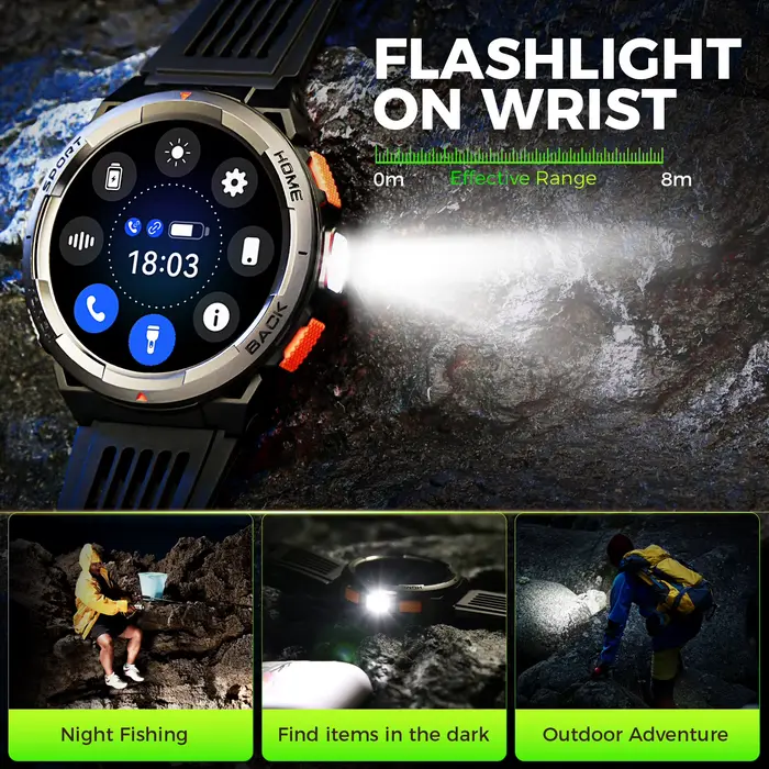 Montre intelligente Ell5 2024 3iko avec boussole baromètre altitude appel lampe de poche LED pour sport aventuriers femmes hommes