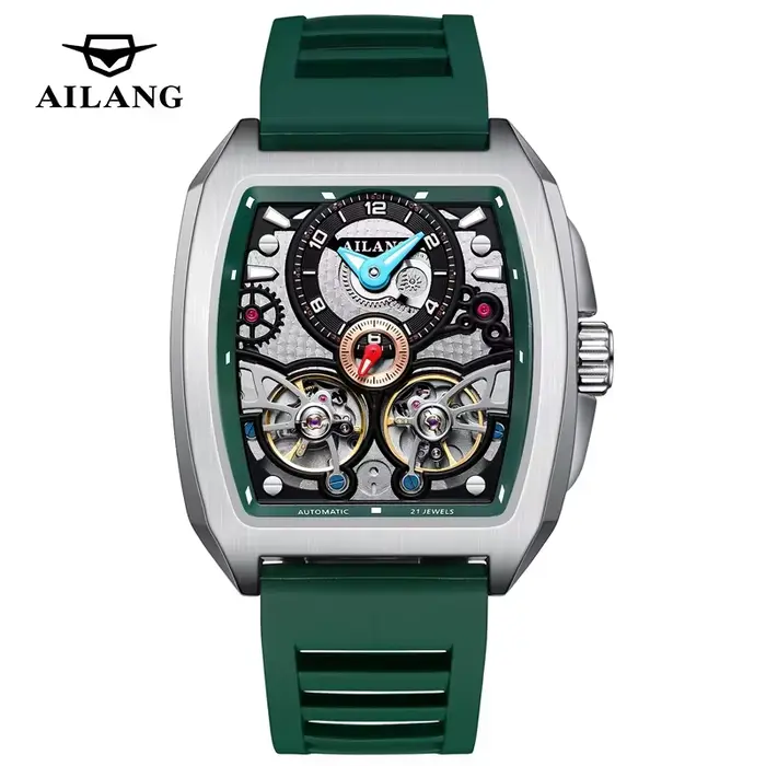 Montre automatique mécanique à double tourbillon en acier noir 8855