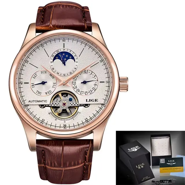 LIGE marque classique hommes rétro montres automatique mécanique montre Tourbillon horloge en cuir v