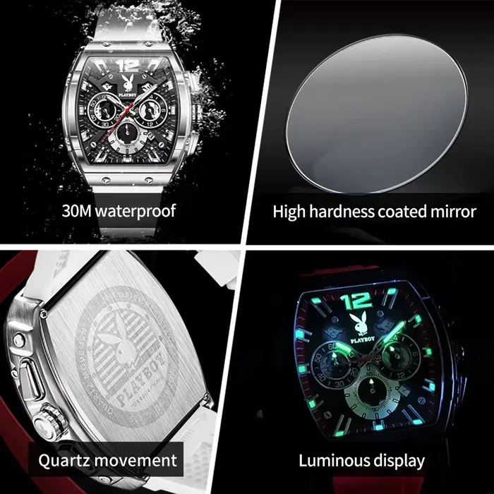Montre PLAYBOY 3075 en alliage avec bracelet en silicone pour hommes, style mode et décontracté, résistance à l'eau 3 bars, idéale pour les occasions spéciales et cadeaux d'anniversaire