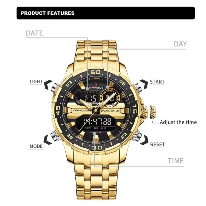 NAVIFORCE marque de mode noir or hommes montre