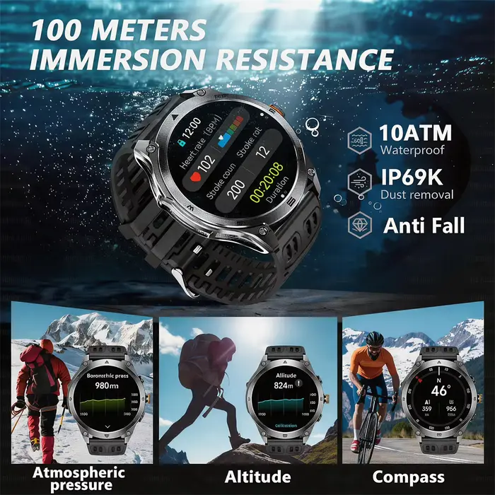 Montre connectée GPS avec écran AMOLED 1.75 pouces, plus de 100 modes sportifs, boussole, altimètre, baromètre, suivi de la santé, résistance à l'eau jusqu'à 100 mètres, autonomie de 7 à 10 jours