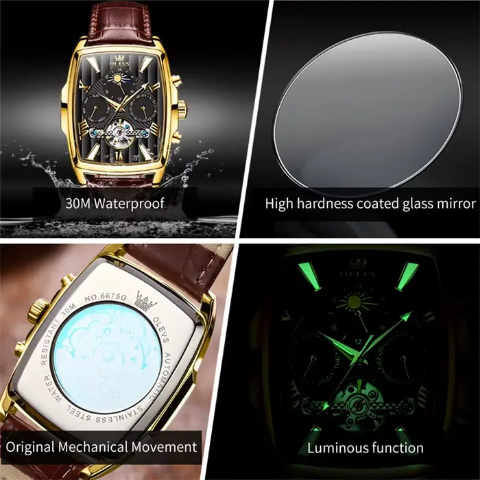 OLEVS luxe cadran rectangulaire montres mécaniques étanche en cuir automatique montre lumineuse hommes d'affaires relogios masculino
