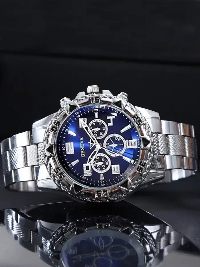 Montre pour homme en verre bleu avec bracelet en acier