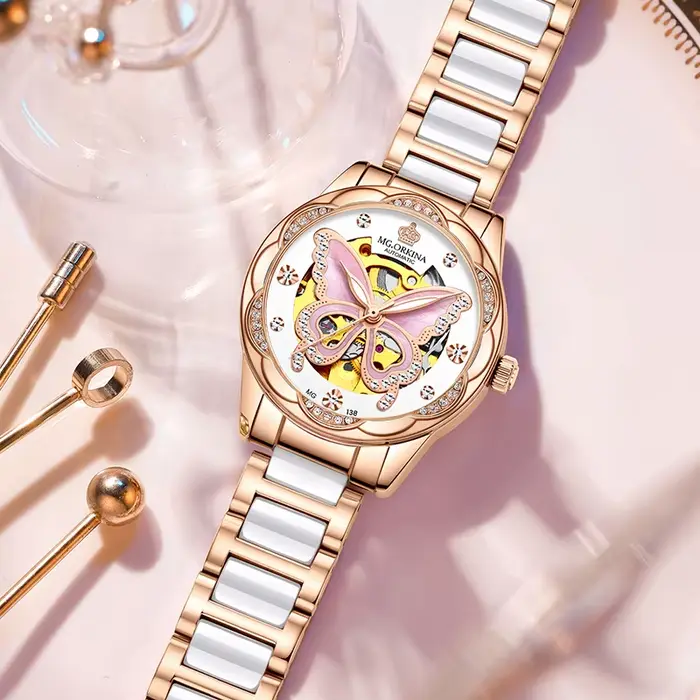 Montre-bracelet mécanique automatique creuse pour femme