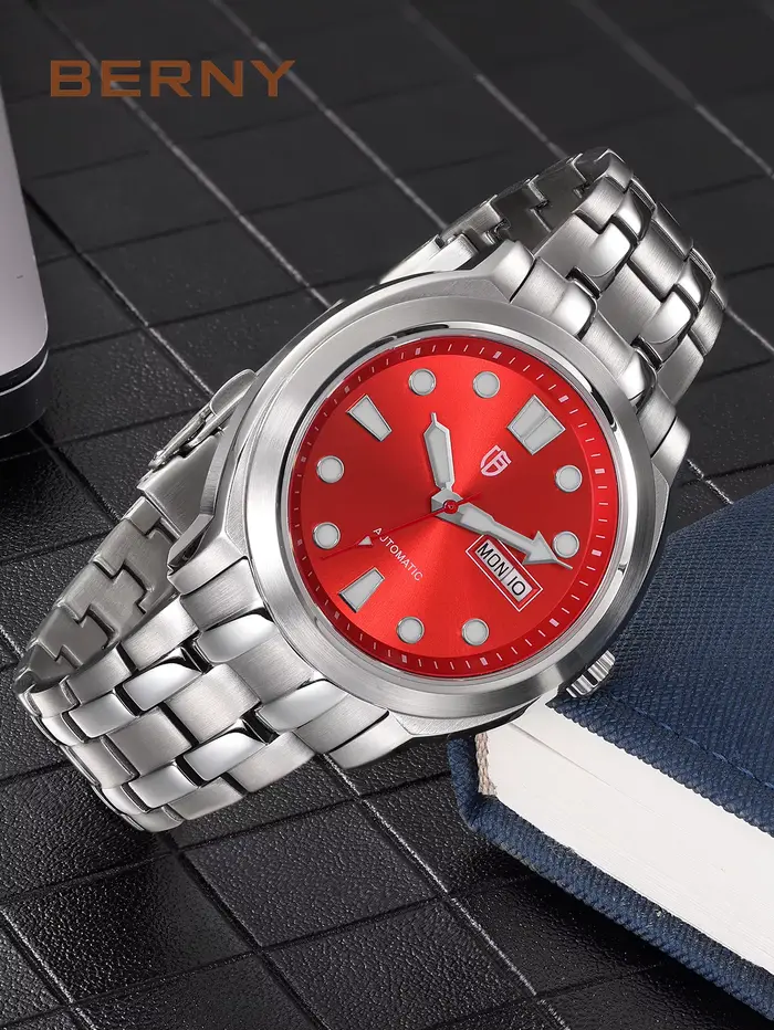 BERNY automatique hommes montre souper lumineux saphir acier inoxydable 100M étanche affaires décontracté mécanique