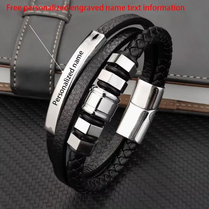 Bracelet en cuir véritable noir pour hommes