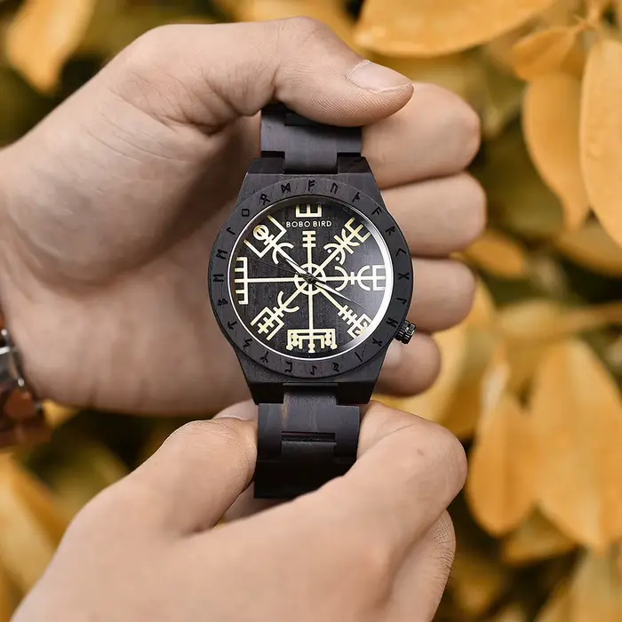 Montre BOBO BIRD Vegvisir en bois pour homme édition limitée design viking symbole occasions spéciales