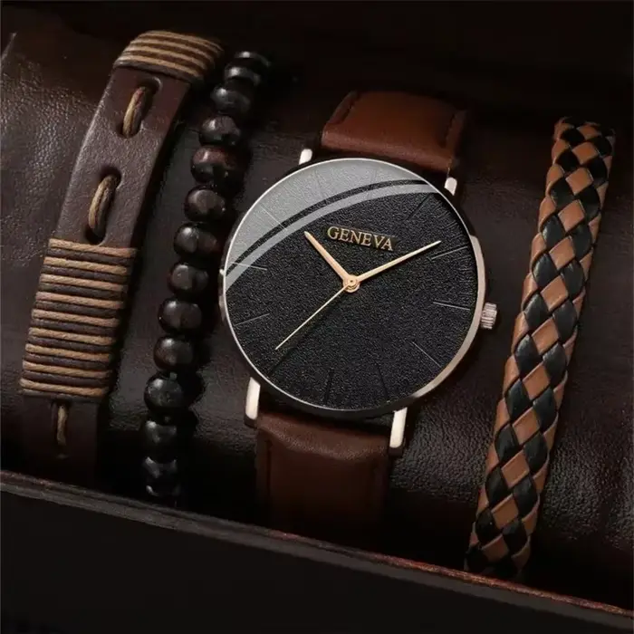 Ensemble montre-bracelet à quartz et bracelet de perles pour hommes