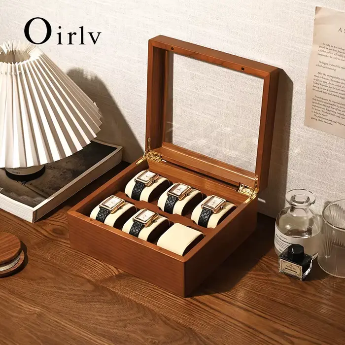 Oirlv boîte de rangement de montre en bois délicate couvercle en verre anti-poussière