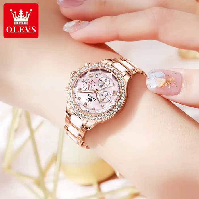 Montre OLEVS Quartz Élégante avec Fonction Chronographe et Calendrier Complet Bracelet Acier Inoxydable pour Femmes Occasions Spéciales