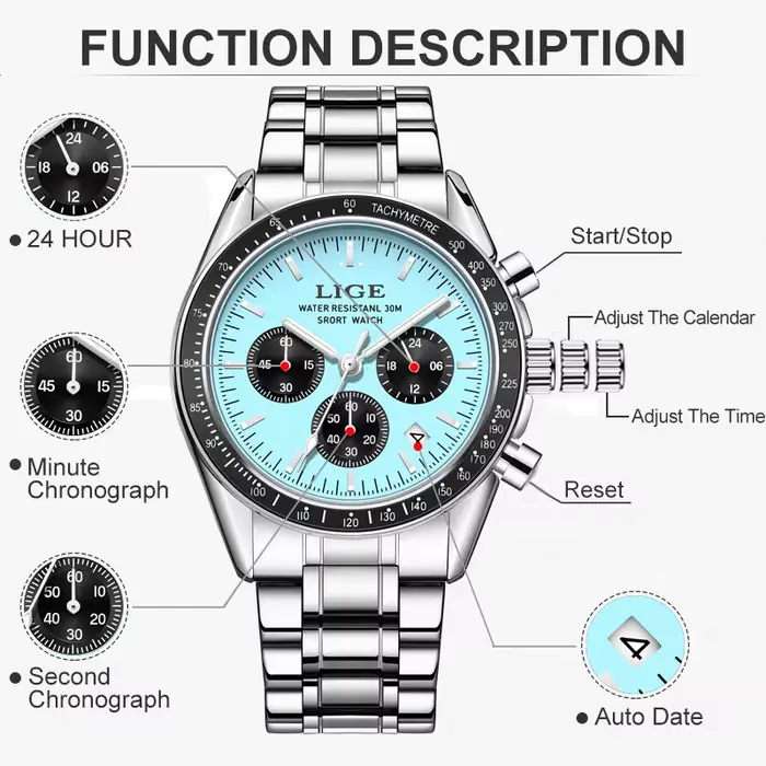 Montre homme LIGE acier inoxydable sport quartz avec chronographe et résistance à l'eau pour activités quotidiennes et sportives