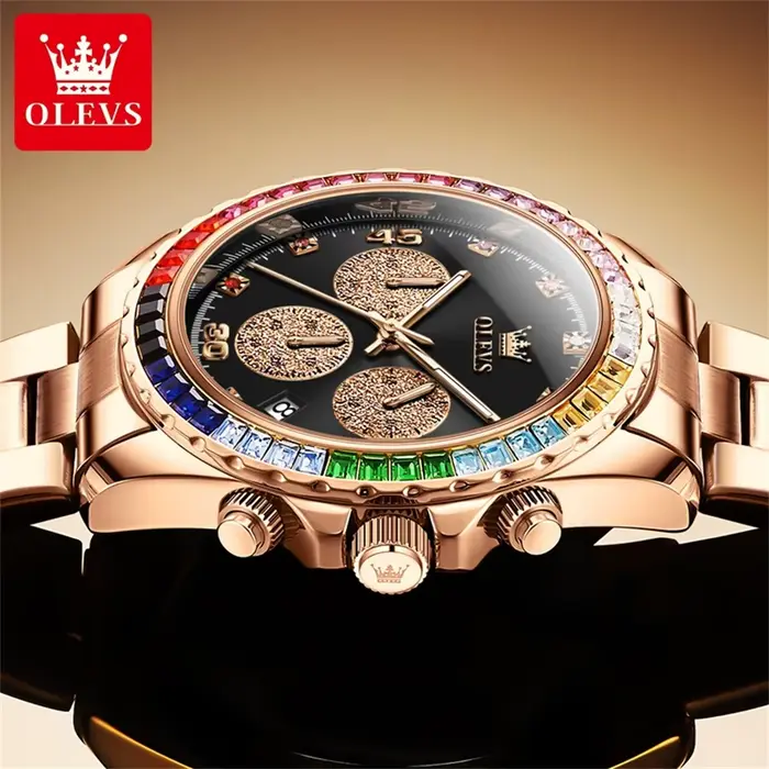 Montre homme OLEVS arc-en-ciel pierre précieuse lunette affichage date automatique résistante à l'eau occassions sport et élégance