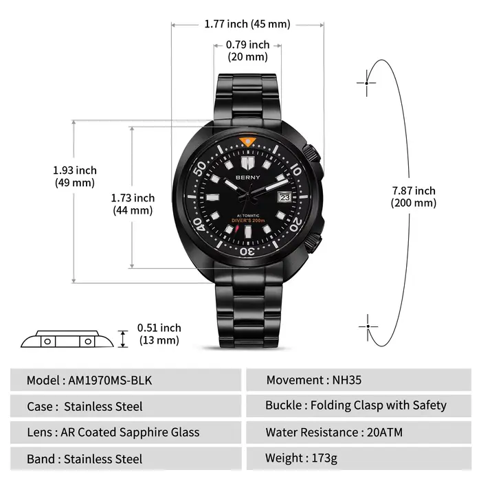 BERNY 20ATM montre de plongée pour hommes noir mécanique Original mis5 8215 haut automatique saphir luxe