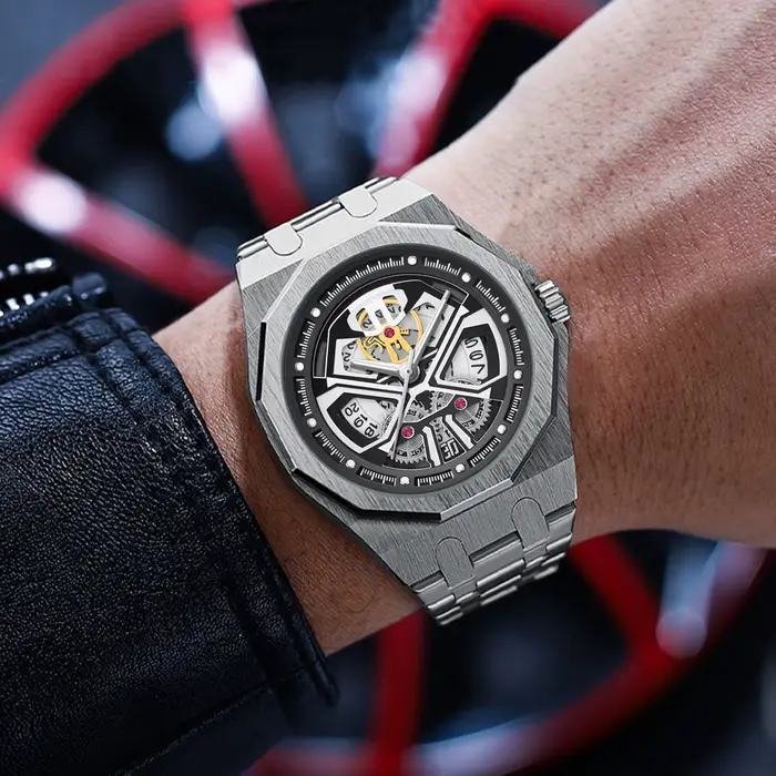 Montre-bracelet vintage PINTIME avec cadran engrenage et aiguilles rectangulaires pour homme occasions spéciales et quotidienne