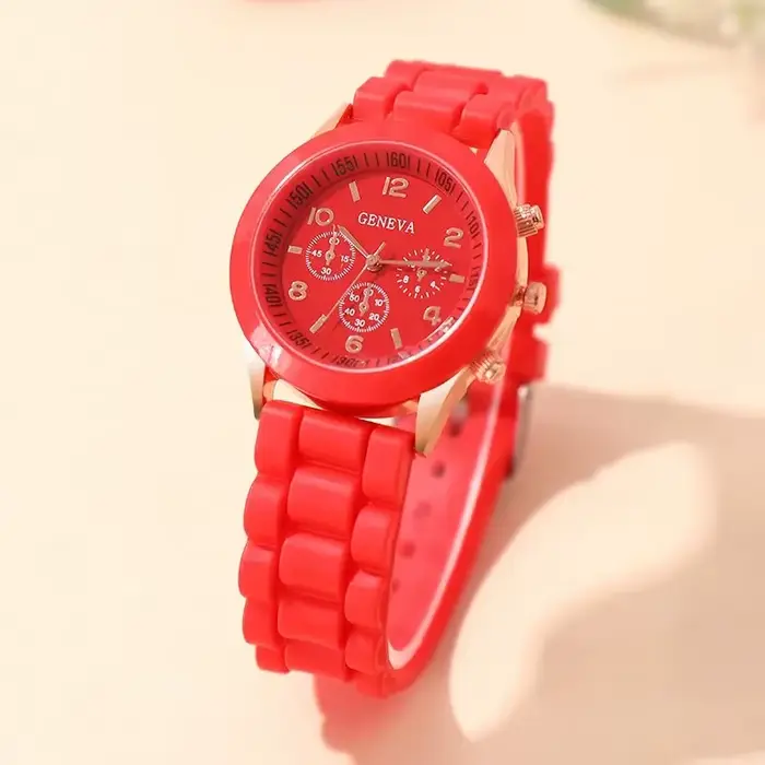 Montre à quartz en silicone rouge pour femme
