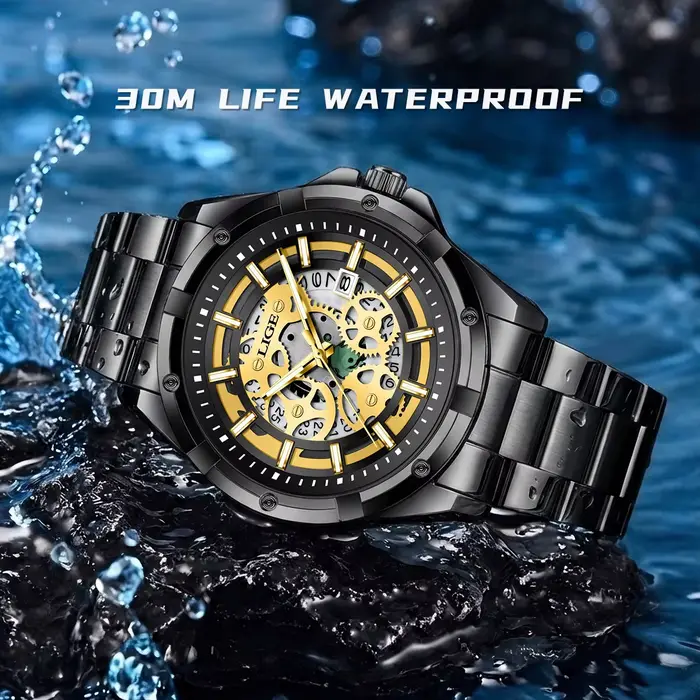 Montre Homme LIGE 2026 – Montre-Bracelet Squelette à Quartz Dorée Rétro