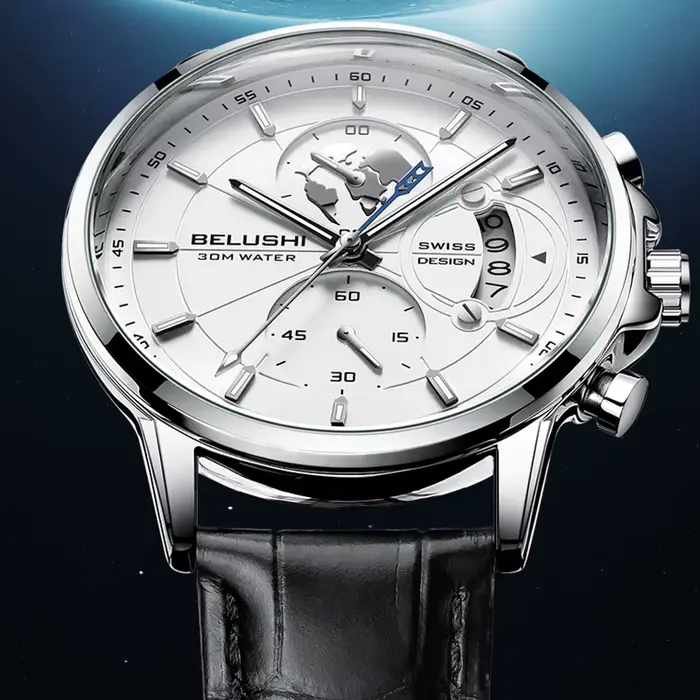 Montres de sport homme quartz étanches avec chronographe et calendrier complet en cuir bronze café multicolore rose