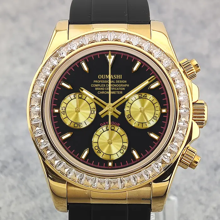 OUMASHI 42mm diamant or montre chronographe pour hommes VK63 mouvement à Quartz verre saphir lumineux étanche Logo personnalisé disponible