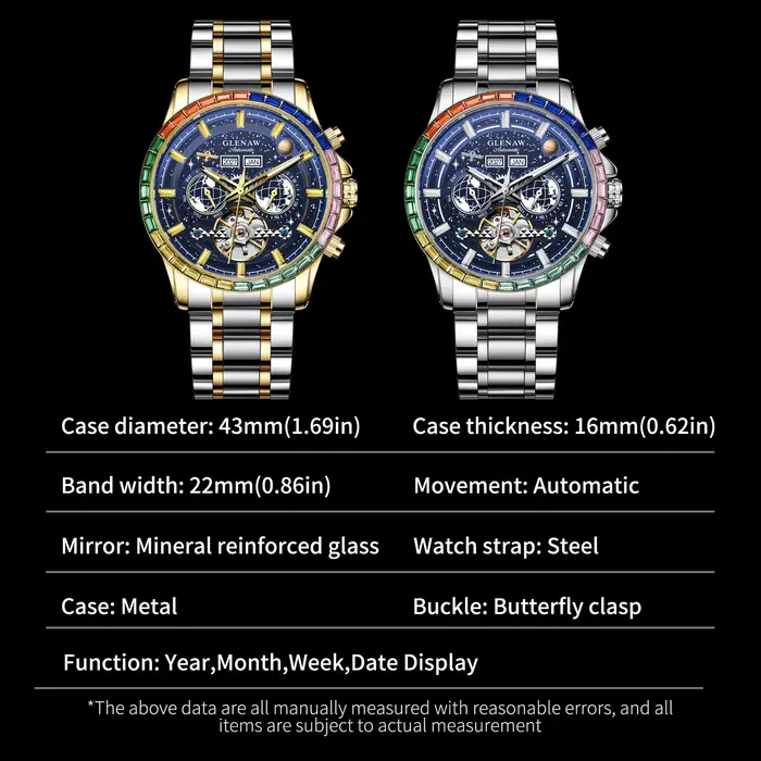 Montre mécanique de luxe GLENAW Design New Rainbow Circle pour homme