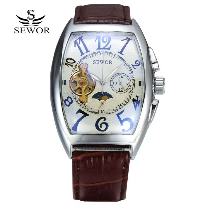 Montre SEWOR en acier inoxydable avec mouvement automatique pour homme, design tonneau, fonction lumineuse et résistance aux chocs, idéale pour toutes les occasions