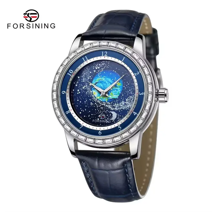 FORSINING montre mécanique automatique de luxe pour hommes, bracelet en cuir avec cadran en strass, 