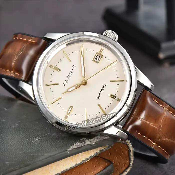Montre Parnis Or Cadran Noir Automatique Hommes Occasions Spéciales Résistante À L'Eau Avec Boucle À Crochet