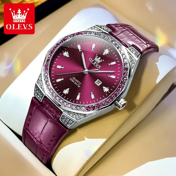 OLEVS 5606 montre pour femme lumière originale mode Quartz montre-bracelet bracelet en cuir diamant lunette étanche