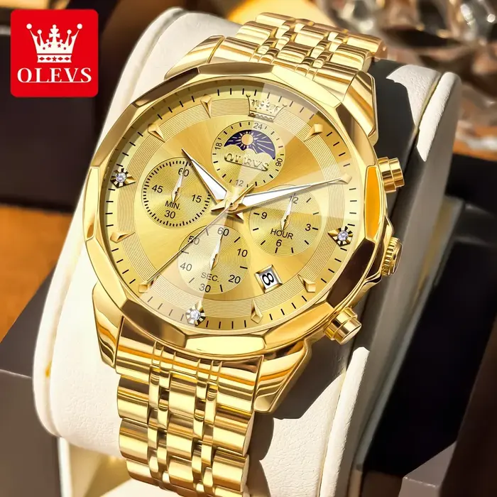 OLEVS montre homme classique Chrono Phase de lune montres à Quartz multifonctions pour hommes miroir romain bracelet en