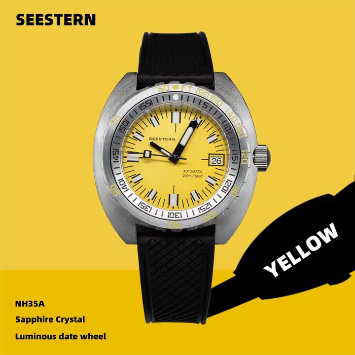 Montre SEESTERN SUB300T Argent Sportive Plongée Mécanique Bracelet Caoutchouc Occasions Spéciales Robuste Élégante