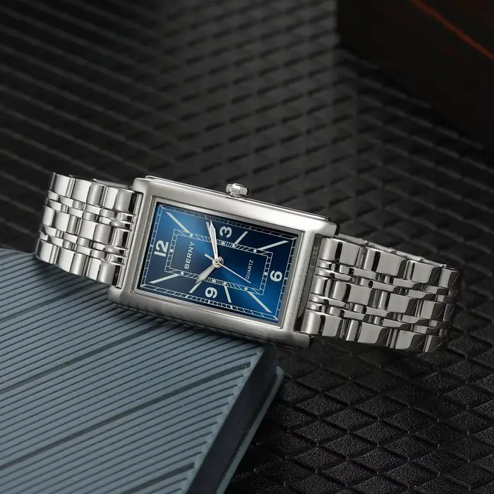 BERNY carré hommes montre lumineux Quartz chiffre romain cadran 316L acier inoxydable décontracté mode rectangulaire