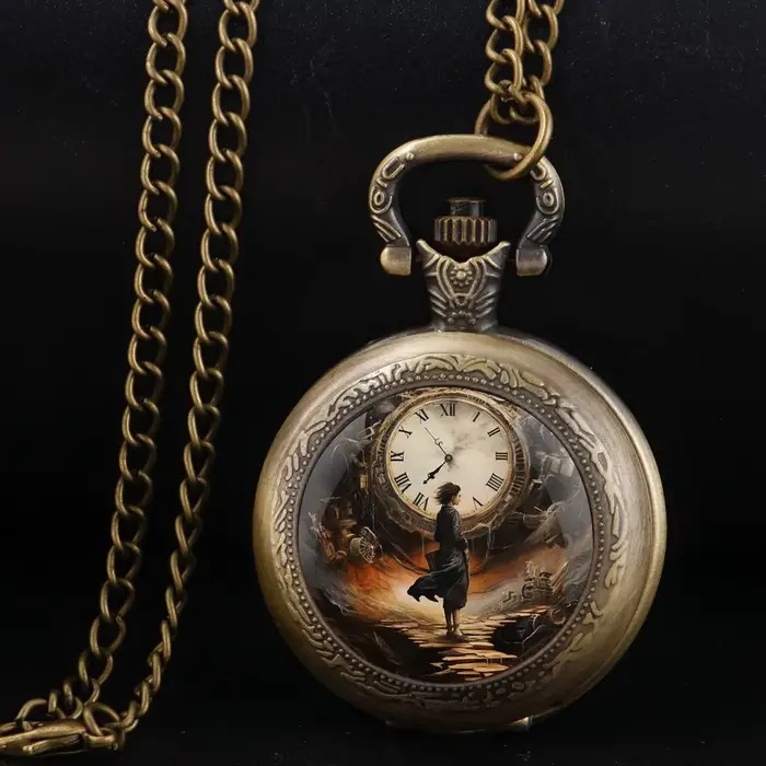 Montre de poche à Quartz en Bronze pour femmes et hommes, Design Unique de Machine à temps, horloge