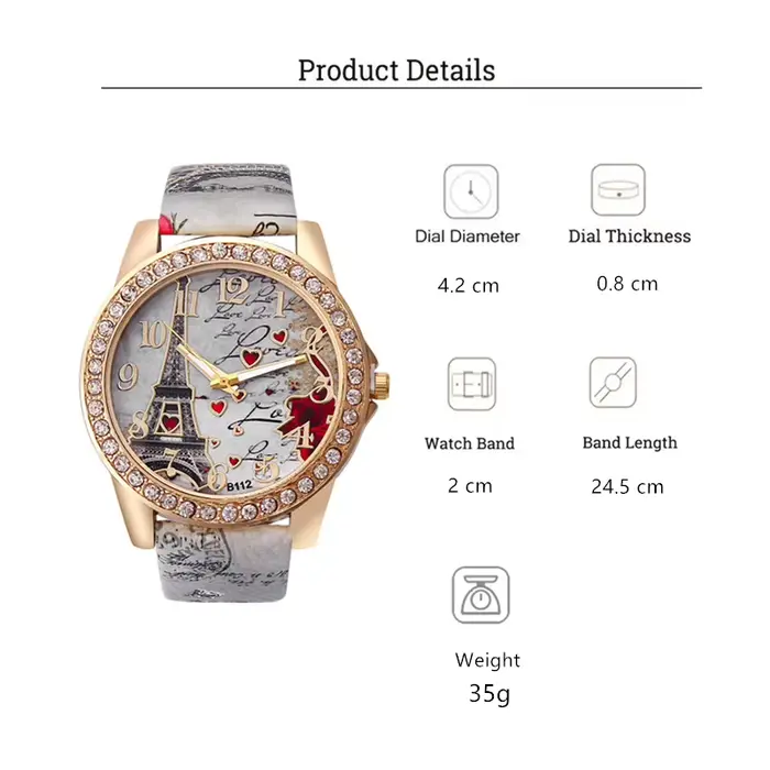 Montre à Quartz en Cuir PU avec Tour Eiffel et Strass pour Femmes Occasions Spéciales Mode Élégante