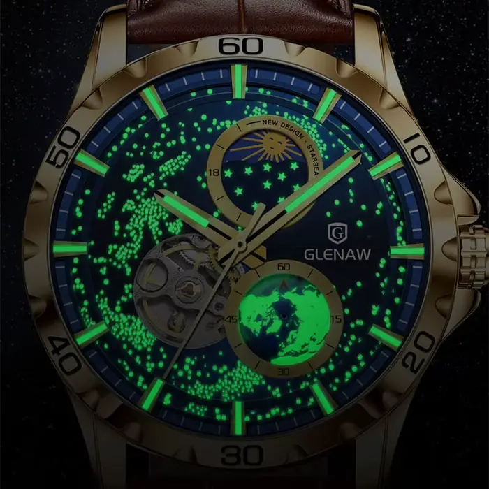 Montre-bracelet automatique mécanique GLENAW pour homme avec cadran rotatif et double aiguille des secondes