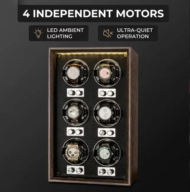 Remontoir de montres Virtorix en bois à 6 emplacements rotation automatique contrôle LED indépendant anti-magnétique silencieux pour rangement de montres mécaniques occassions spéciales