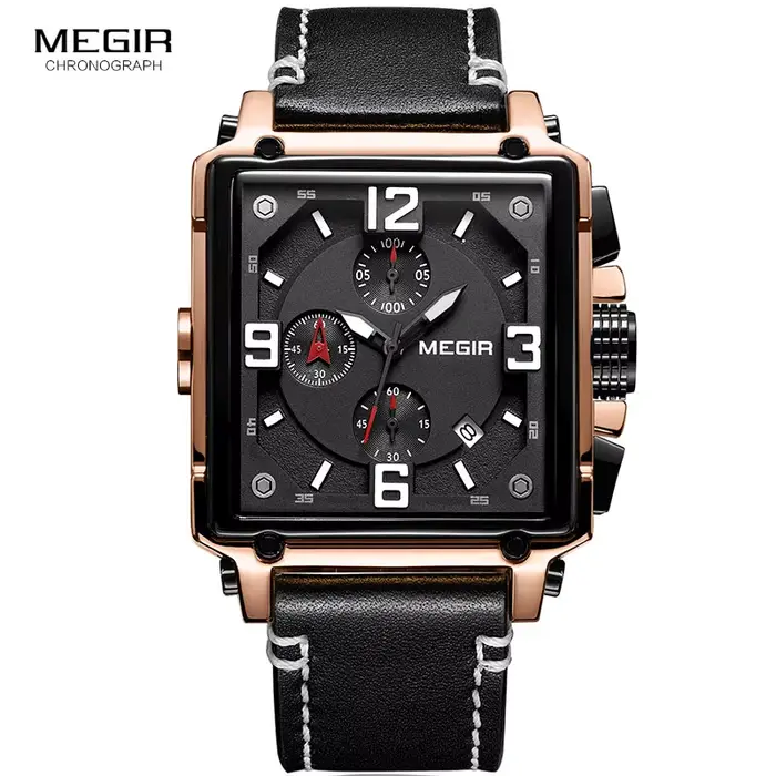 Montre-bracelet à quartz MEGIR avec bracelet en cuir pour homme, chronographe multifonctionnel, résistance à l'eau, date auto et calendrier complet, parfait pour les activités sportives et les tenues de ville