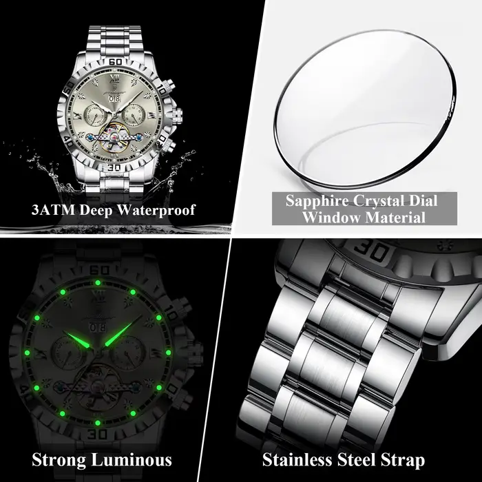 POEDAGAR haut de gamme hommes montre automatique Date semaine homme montre-bracelet creux Tourbillon mécanique en acier