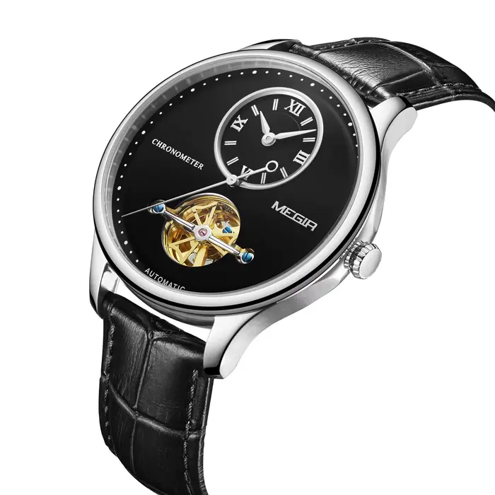 Montres mécaniques horloge multifonction Montre Homme cuir mouvement automatique 5 ATM étanche montre-bracelet creuse Megir 62070