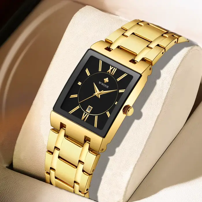 Montre carrée homme en acier inoxydable avec mouvement quartz doré résistante à l'eau pour toutes les occasions