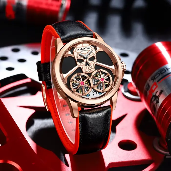 Punk Steam Skull deux Tourbillon Design homme montre creux automatique mécanique étanche hommes montre-bracelet
