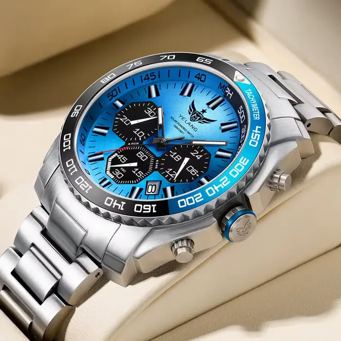 Montre YELANG homme militaire 44mm plongeur Eco-Drive résistante à l'eau avec tubes lumineux acier inoxydable pour occasions spéciales et plongée