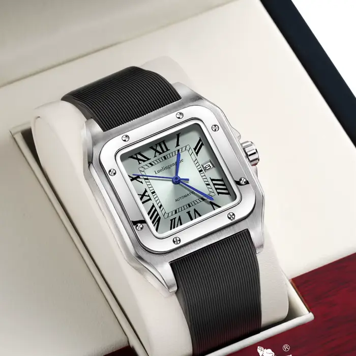 Montre mécanique homme carrée avec mouvement automatique calendrier complet résistante à l'eau pour occasions quotidiennes et professionnelles