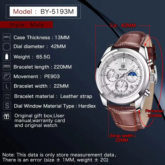BENYAR nouveaux hommes montre 30ATM étanche en acier inoxydable montres à Quartz de luxe en cuir militaire chronographe