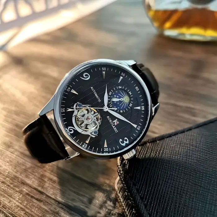 Montre mécanique de luxe pour homme, style business, avec cadran squelette, boîtier rond en alliage,