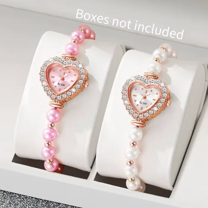 Montres à Quartz pour femmes, 2 pièces/ensemble, Bracelet en fausse perle, cadran en forme de cœur, 