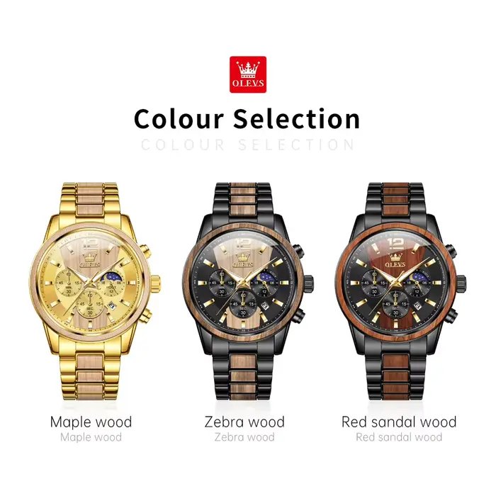 Montre-bracelet à quartz OLEVS 3645 en bois massif doré pour homme